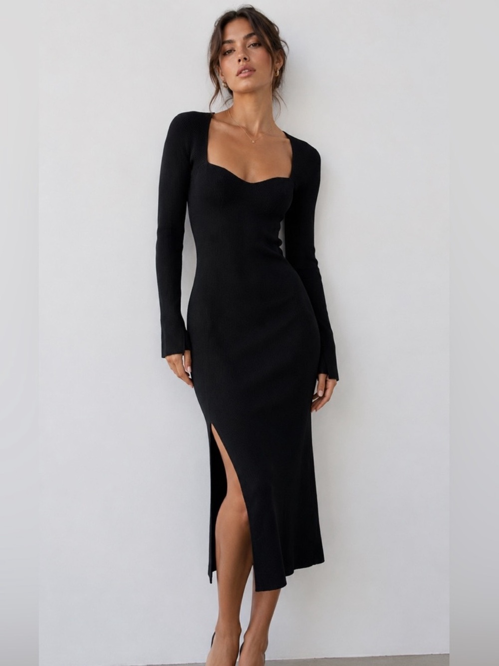 Petal & Pup Black Long Sleeve Ribbed Midi Dress with Side Slit
